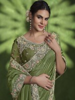 Green Crush Paper Silk Saree With Stitched Blouse